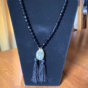 Black beaded Aphrodite and tassel necklace 40” over the head no clasp